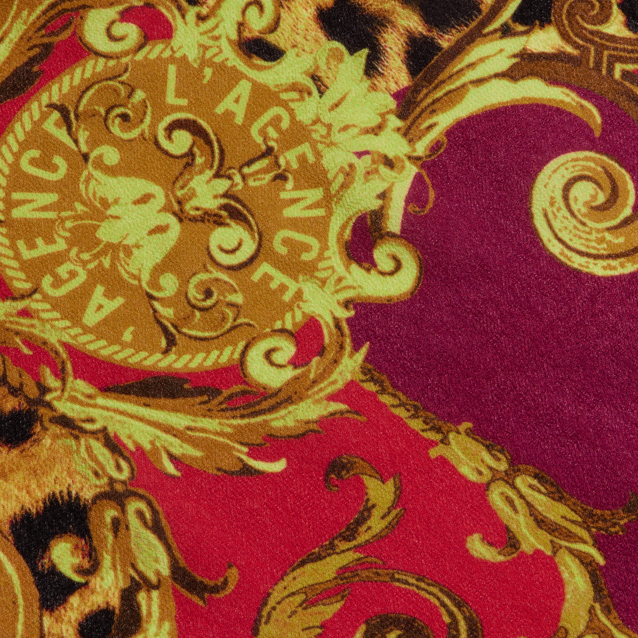 Baroque-inspired Kara Cover-Up Kimono featuring gold scrolls, leopard print accents, and a circular emblem with “LAGENCE” text on a bold red background.