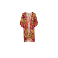 Introducing the Kara Cover-Up Kimono—a short-sleeved, kimono-style robe with a striking red base, embellished with gold baroque patterns and bold leopard print accents. This luxurious cover-up is the perfect addition to your beachwear collection.