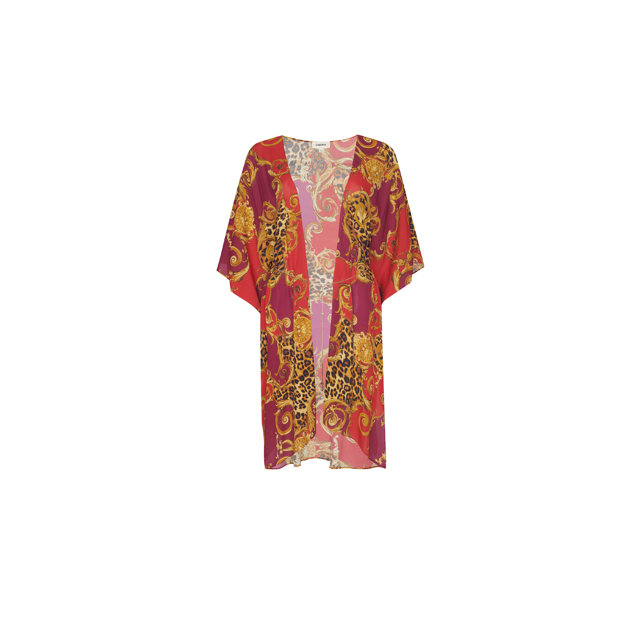 Introducing the Kara Cover-Up Kimono—a short-sleeved, kimono-style robe with a striking red base, embellished with gold baroque patterns and bold leopard print accents. This luxurious cover-up is the perfect addition to your beachwear collection.