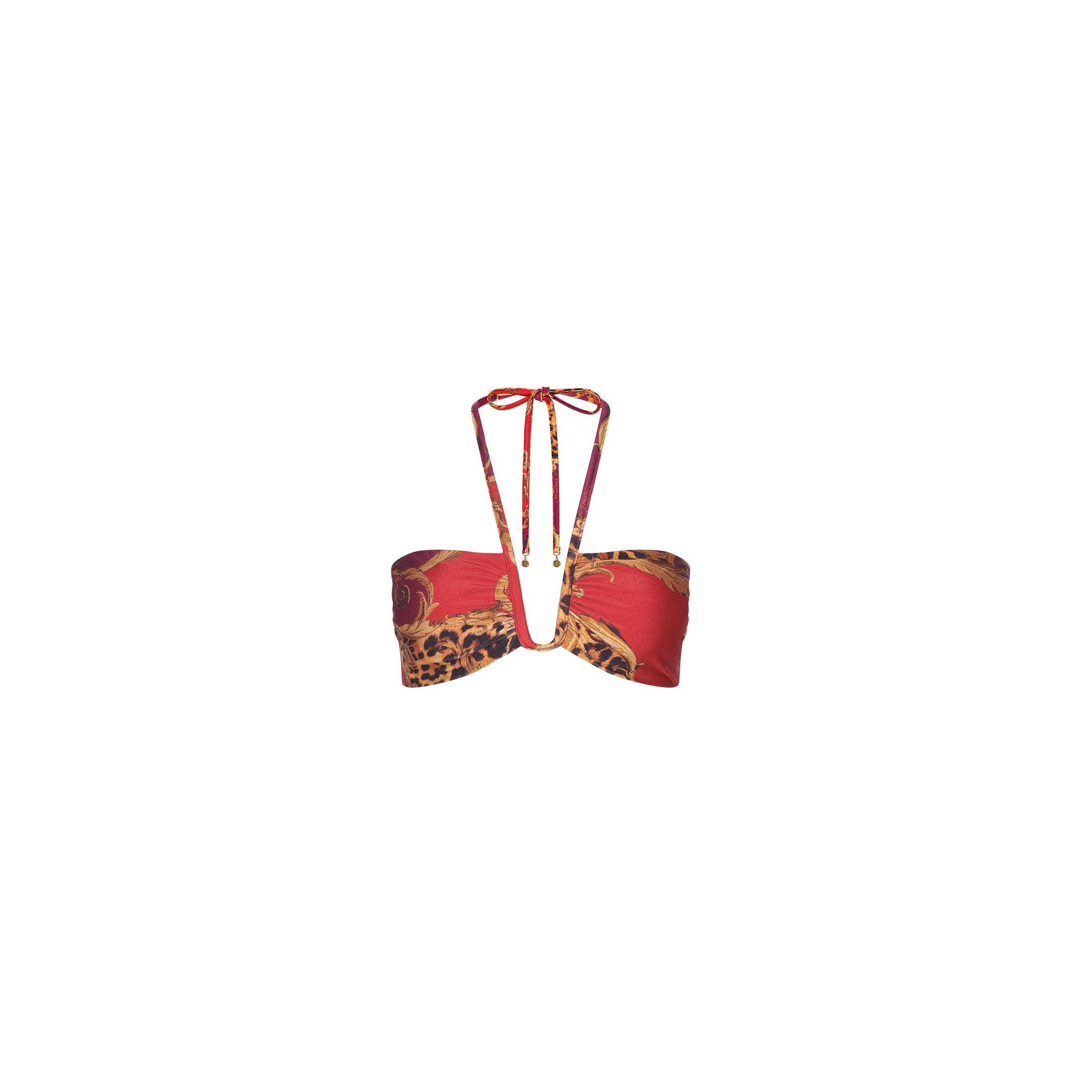 Getty Bandeau Top: A red bandeau bikini top with a halter neck strap and gold hardware, showcasing a vibrant leopard print design with floral accents, displayed on a plain white background.