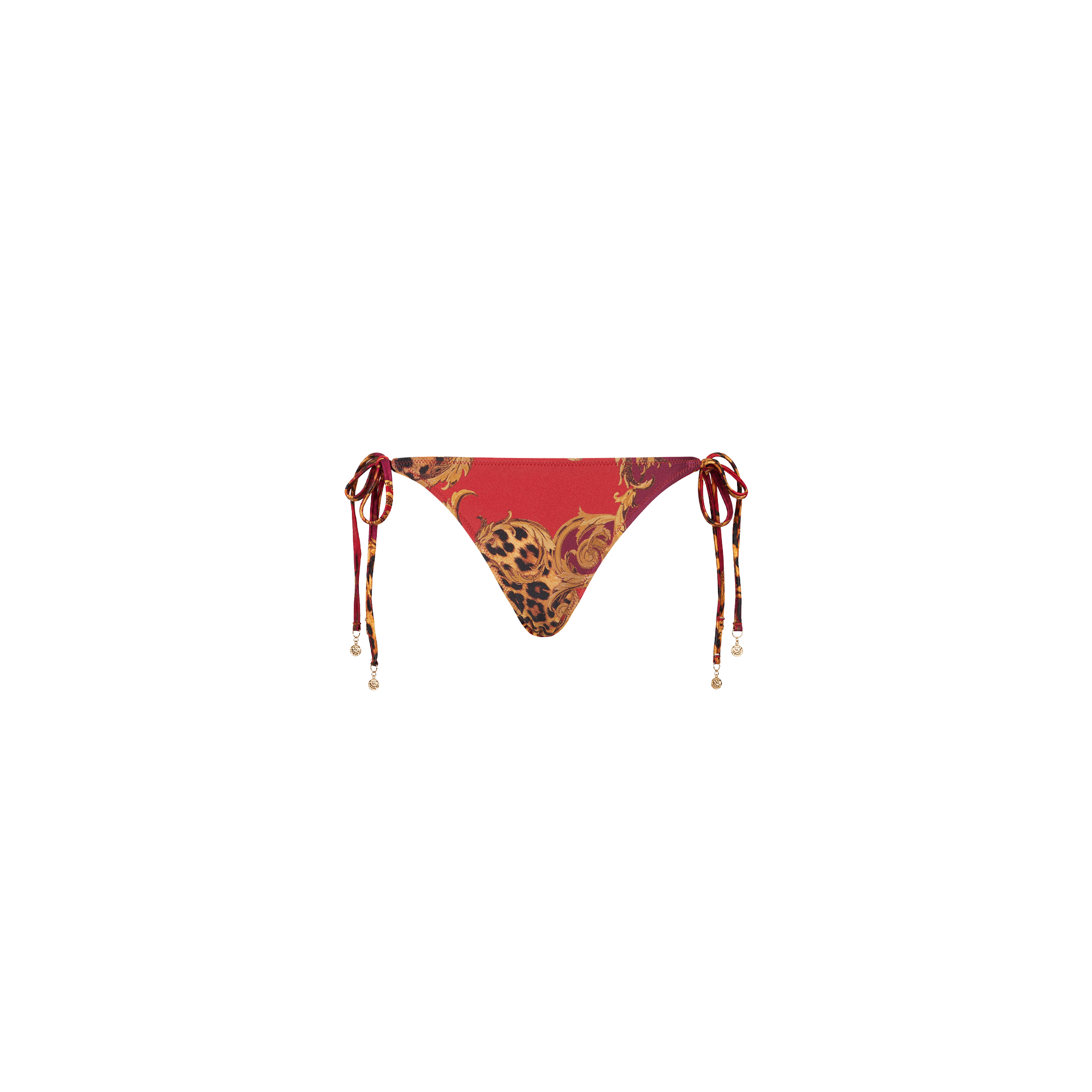 The Britt Tie-Side Bikini Bottom is a red adjustable bikini bottom with side ties, featuring gold ornate patterns and a central leopard print design, displayed on a plain white background. Crafted from UPF 50 swimwear fabric, this gold leopard bikini bottom offers added sun protection.