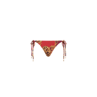 The Britt Tie-Side Bikini Bottom is a red adjustable bikini bottom with side ties, featuring gold ornate patterns and a central leopard print design, displayed on a plain white background. Crafted from UPF 50 swimwear fabric, this gold leopard bikini bottom offers added sun protection.