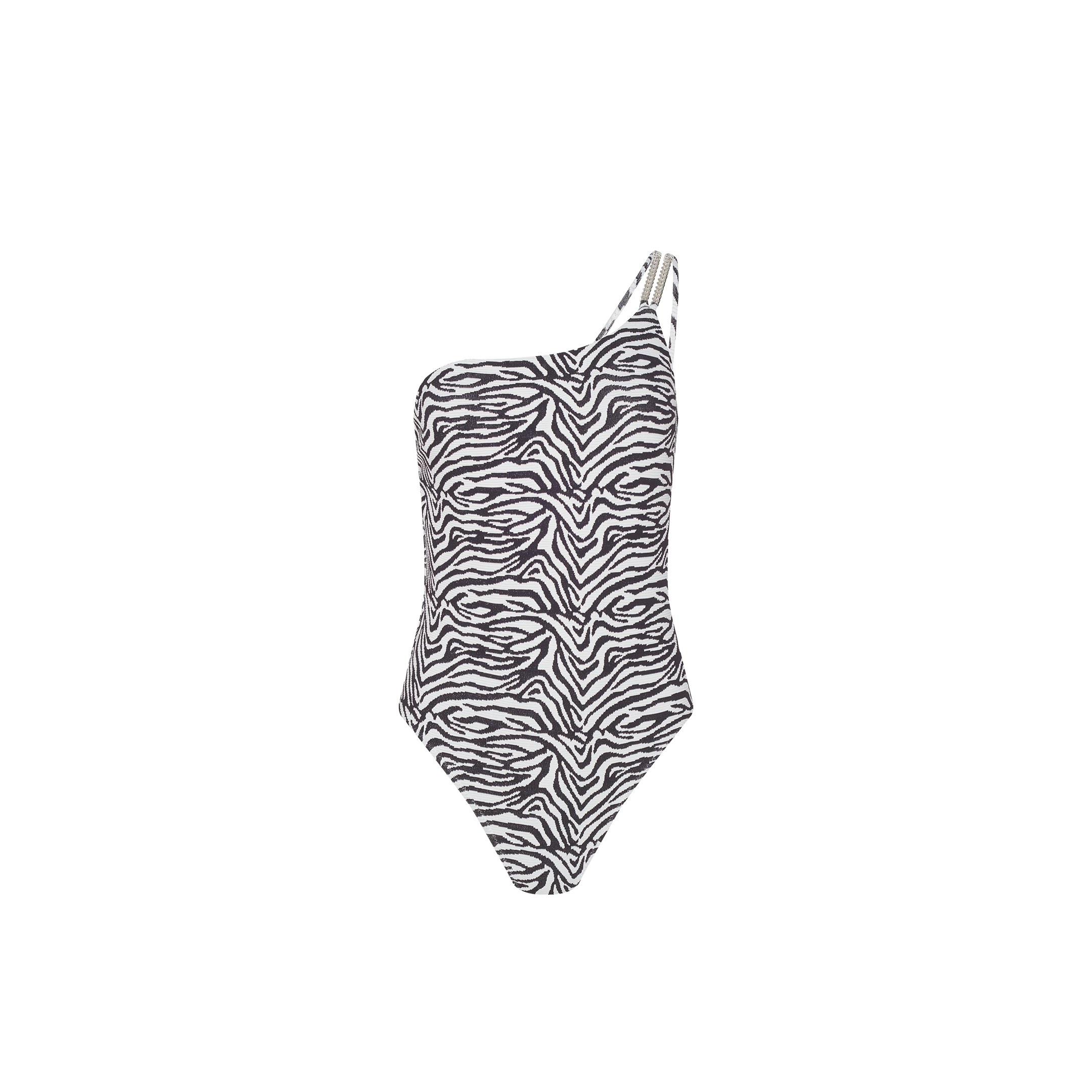 Karmin One-Piece Swimsuit in zebra print with a chic one-shoulder, high-cut design, shown on a plain white background.