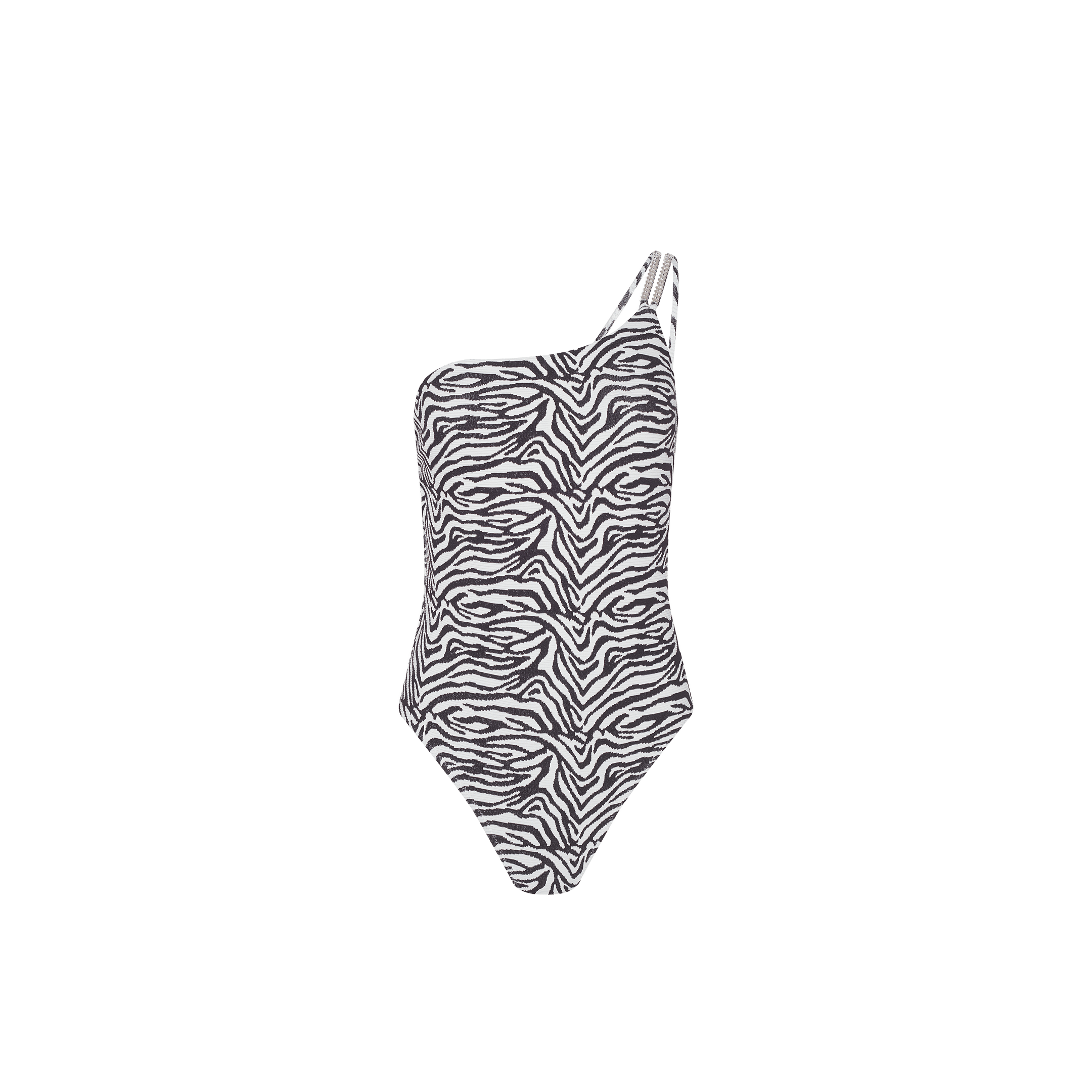 Karmin One-Piece Swimsuit in zebra print with a chic one-shoulder, high-cut design, shown on a plain white background.