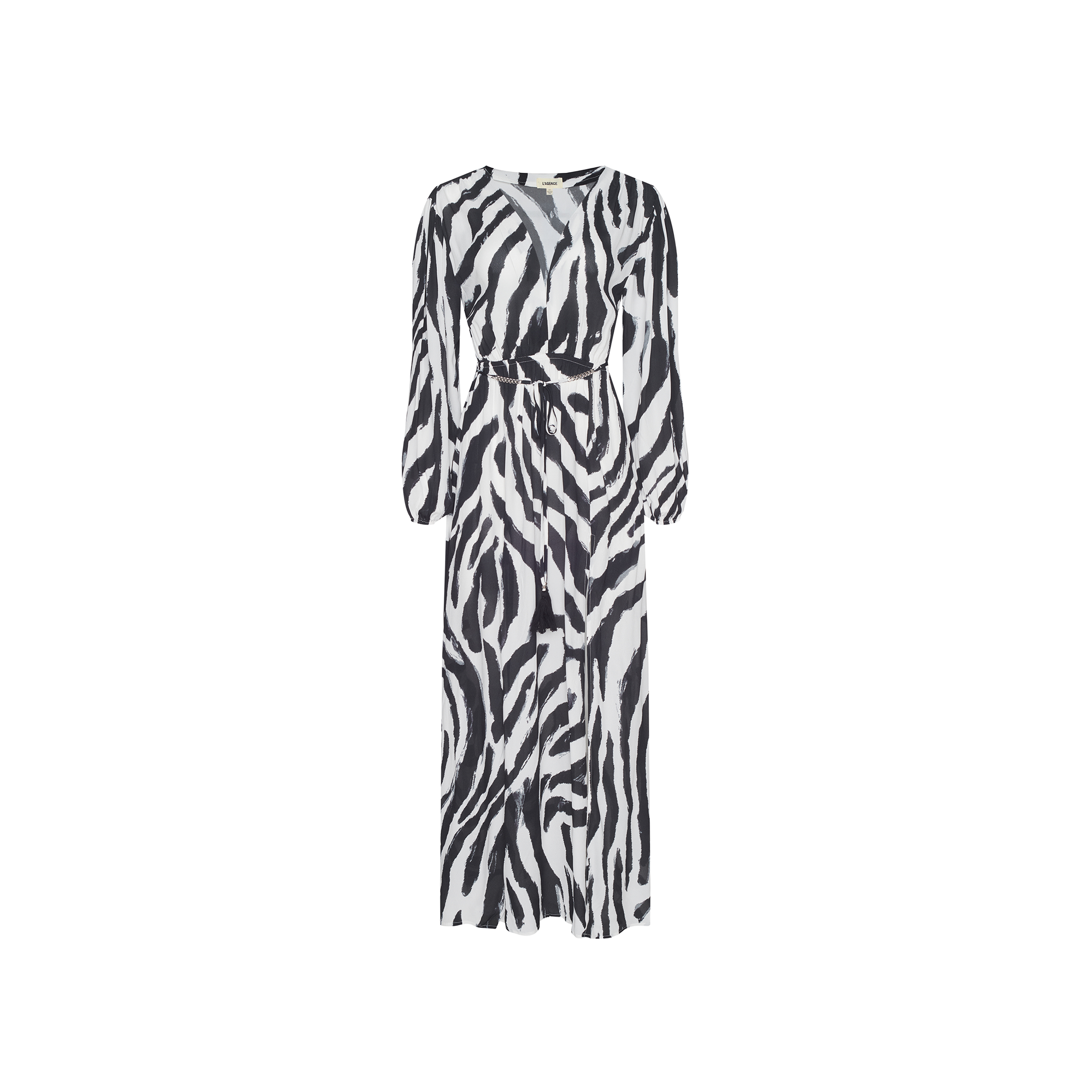 The Sara Maxi Cover-Up Dress is a long-sleeve maxi cover-up featuring a bold black and white zebra print, a V-neckline, and a cinched waist, displayed against a plain white background.
