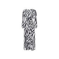 The Sara Maxi Cover-Up Dress is a long-sleeve maxi cover-up featuring a bold black and white zebra print, a V-neckline, and a cinched waist, displayed against a plain white background.