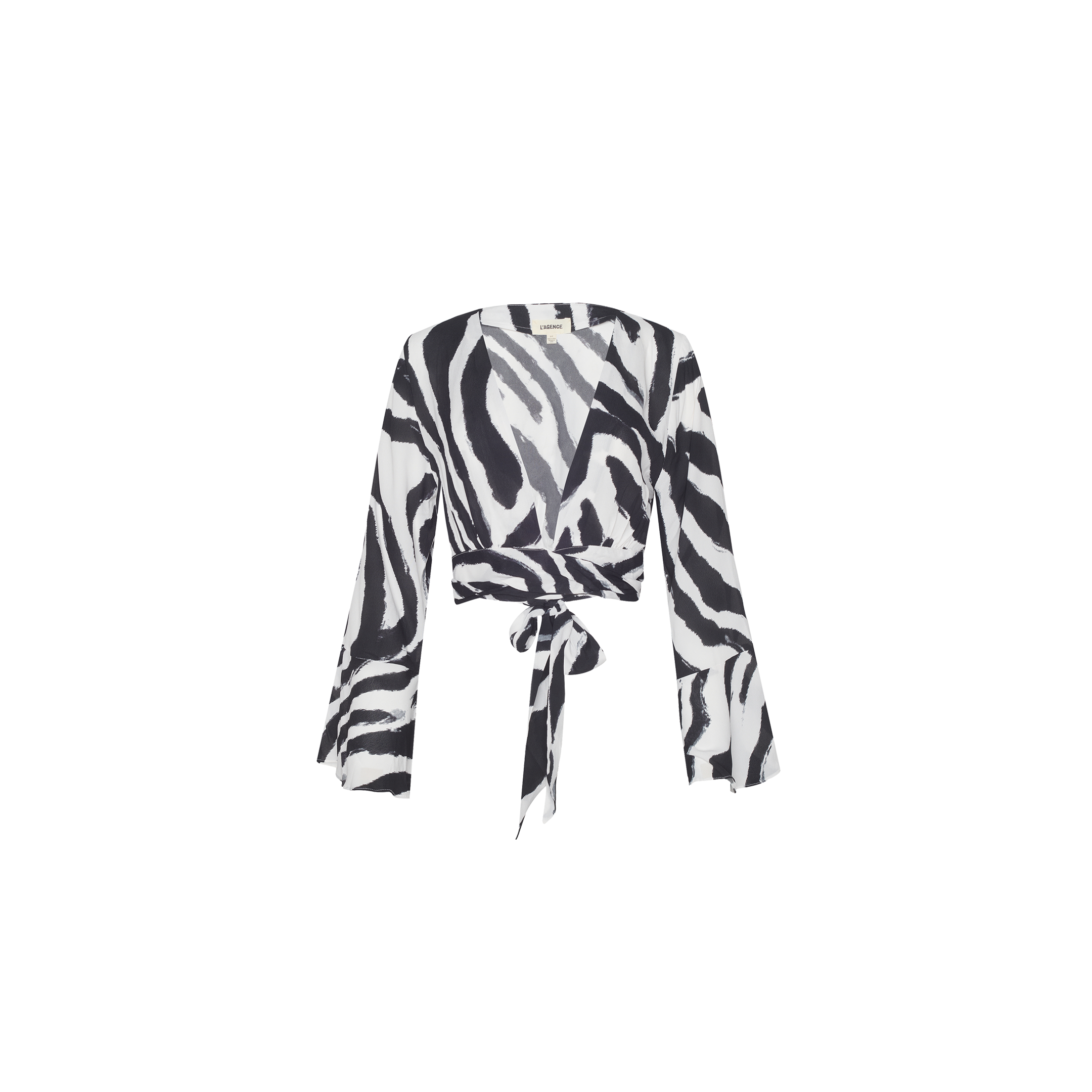 Ambala Cover-Up Top featuring a black and white zebra print, long flared sleeves, and a tie-wrap front closure, displayed on a plain white background.