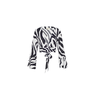 Ambala Cover-Up Top featuring a black and white zebra print, long flared sleeves, and a tie-wrap front closure, displayed on a plain white background.