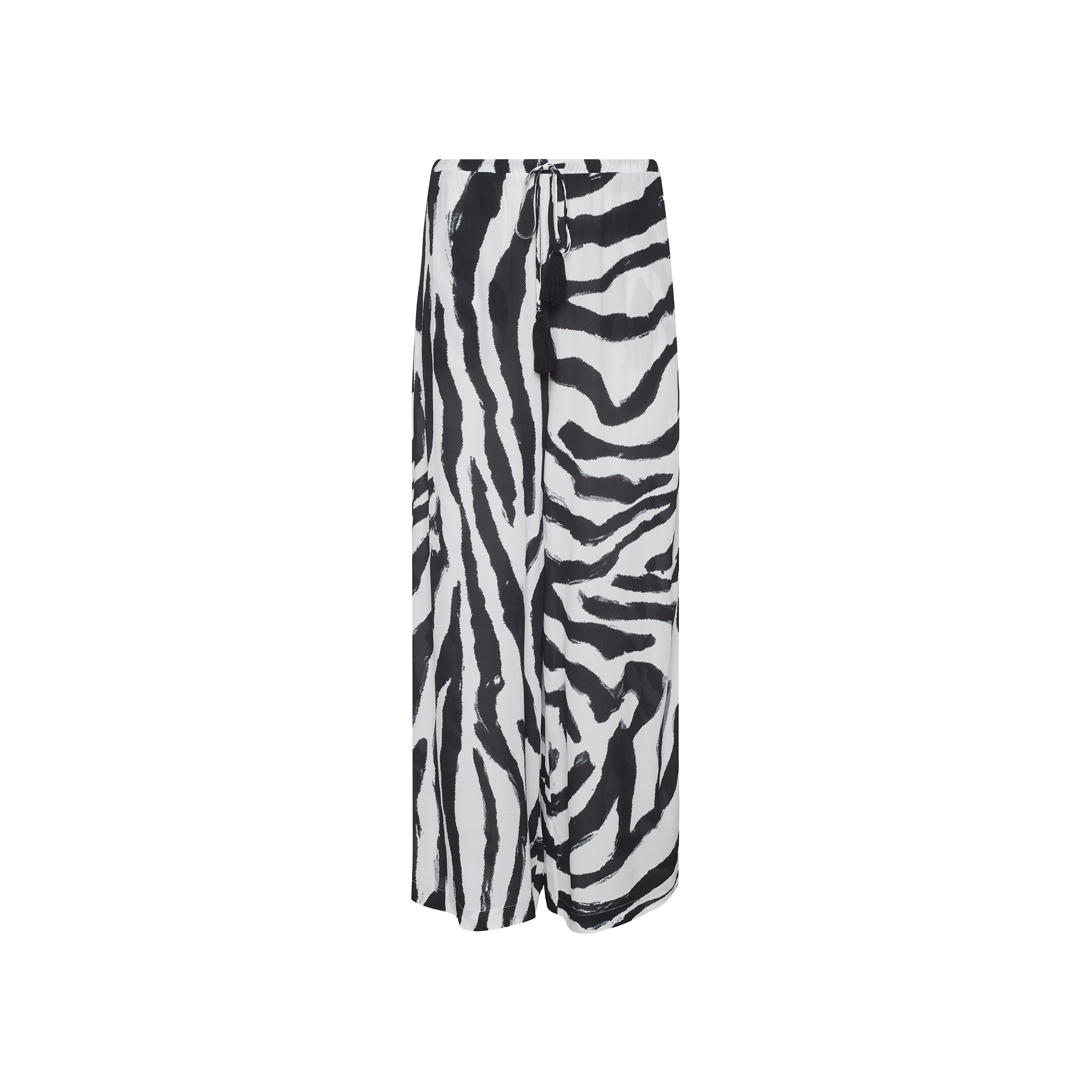 Geraldine Cover-Up Pant in a black and white zebra print features a straight, loose fit with a drawstring waist and lightweight fabric, channeling the relaxed vibe of wide-leg resort wear. Displayed against a plain white background.