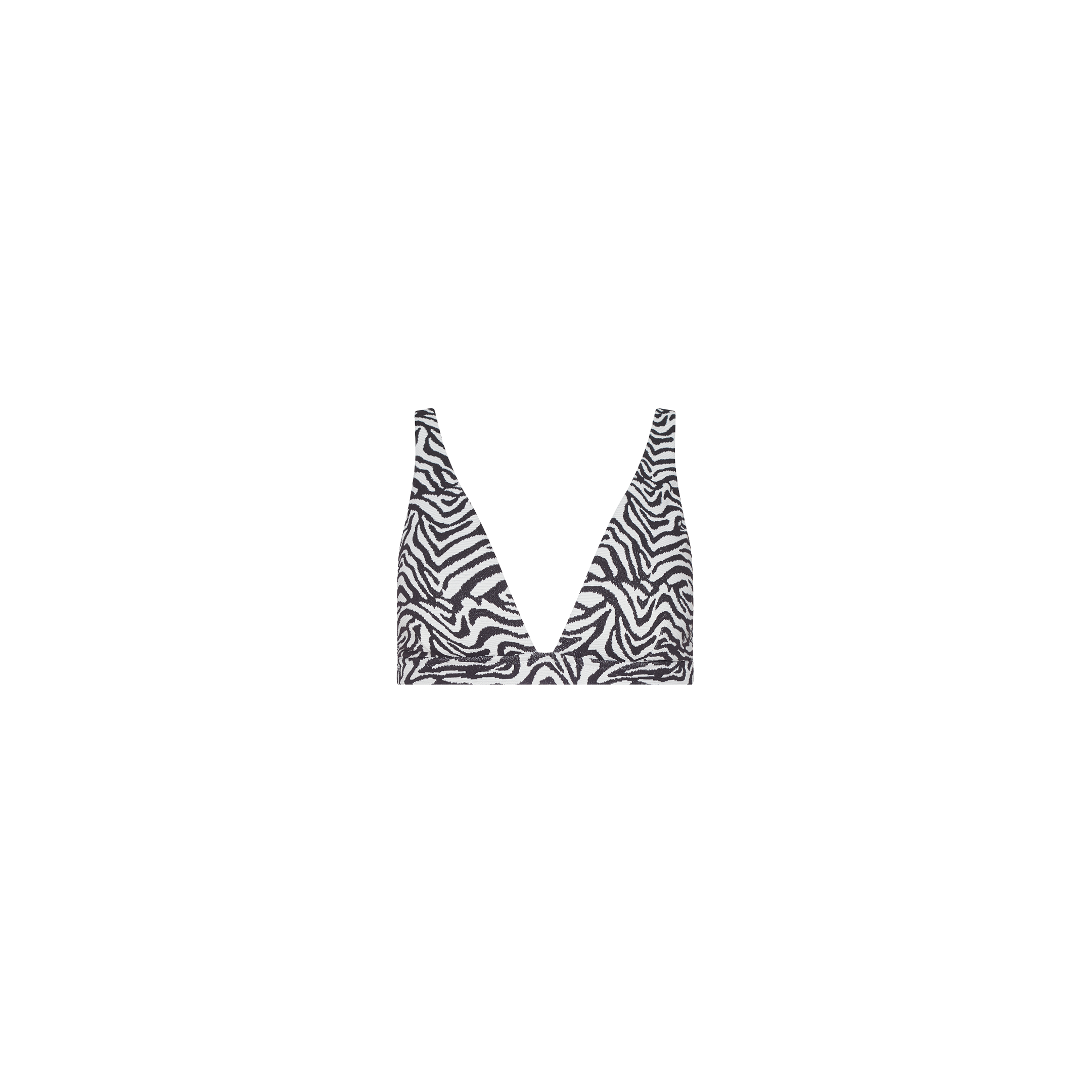 The Lexie Bikini Top is a black and white zebra print bikini top with a deep V neckline and secure-fit design, shown on a plain white background.