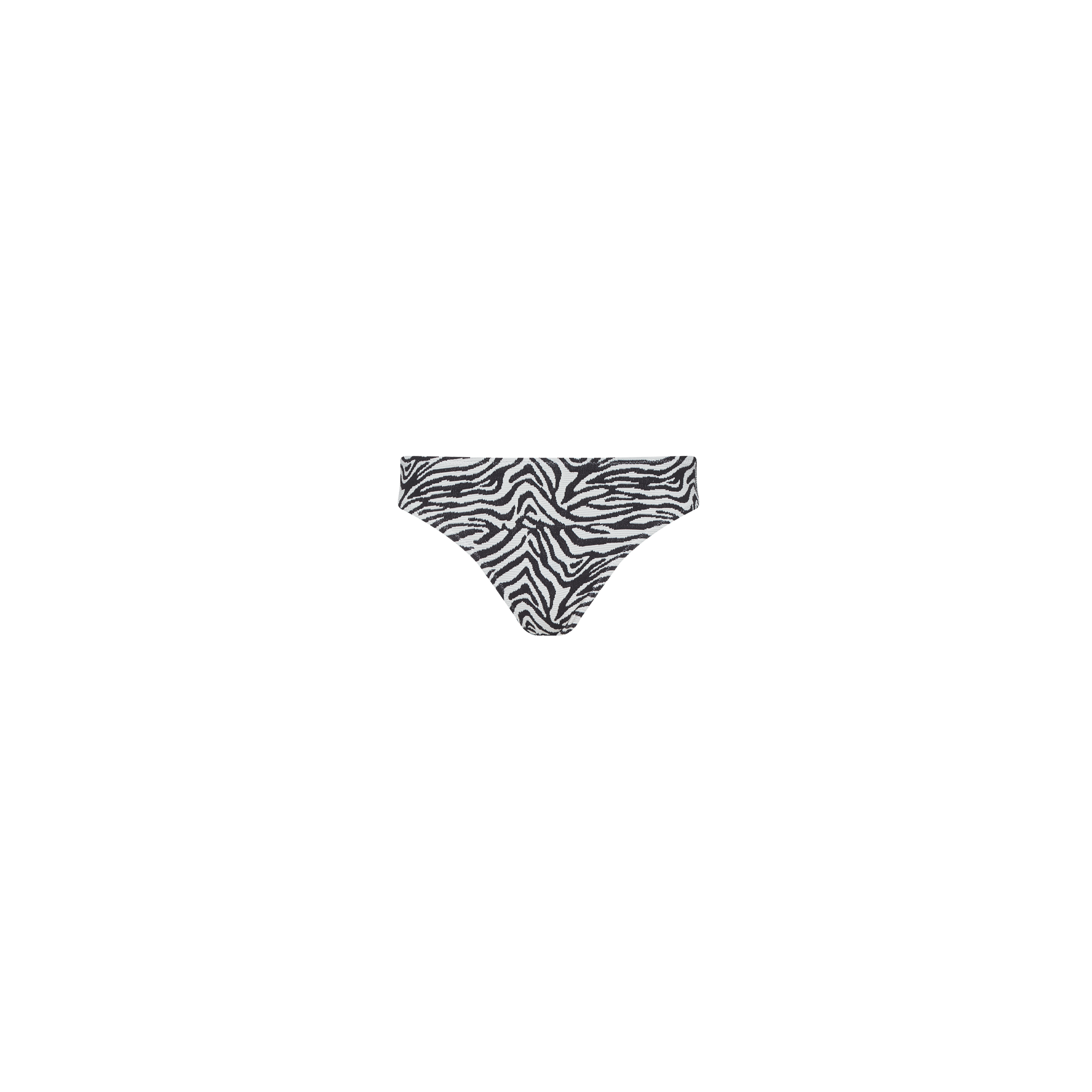 Nicole Bikini Bottom in zebra print with black and white stripes, hipster fit, and moderate coverage, shown on a plain white background.