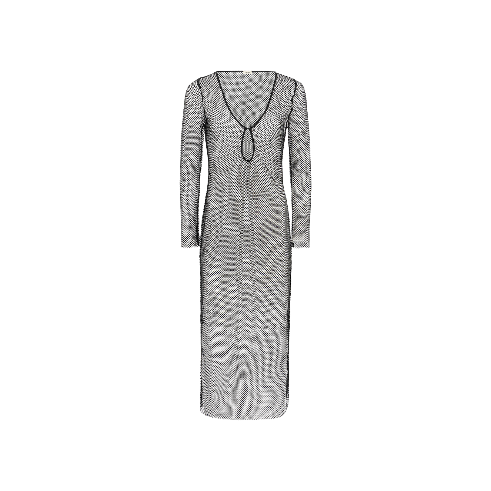 The Sara Mesh Cover-Up Dress is a long-sleeve, floor-length black mesh maxi dress featuring a scoop neckline and a keyhole cutout below the bust, making it the perfect stylish swimsuit cover-up. Displayed on a plain white background.