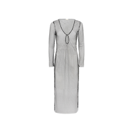The Sara Mesh Cover-Up Dress is a long-sleeve, floor-length black mesh maxi dress featuring a scoop neckline and a keyhole cutout below the bust, making it the perfect stylish swimsuit cover-up. Displayed on a plain white background.