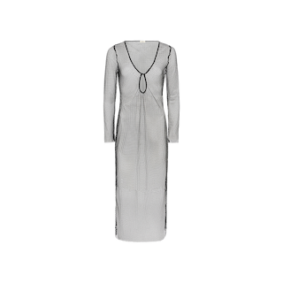 The Sara Mesh Cover-Up Dress is a long-sleeve, floor-length black mesh maxi dress featuring a scoop neckline and a keyhole cutout below the bust, making it the perfect stylish swimsuit cover-up. Displayed on a plain white background.