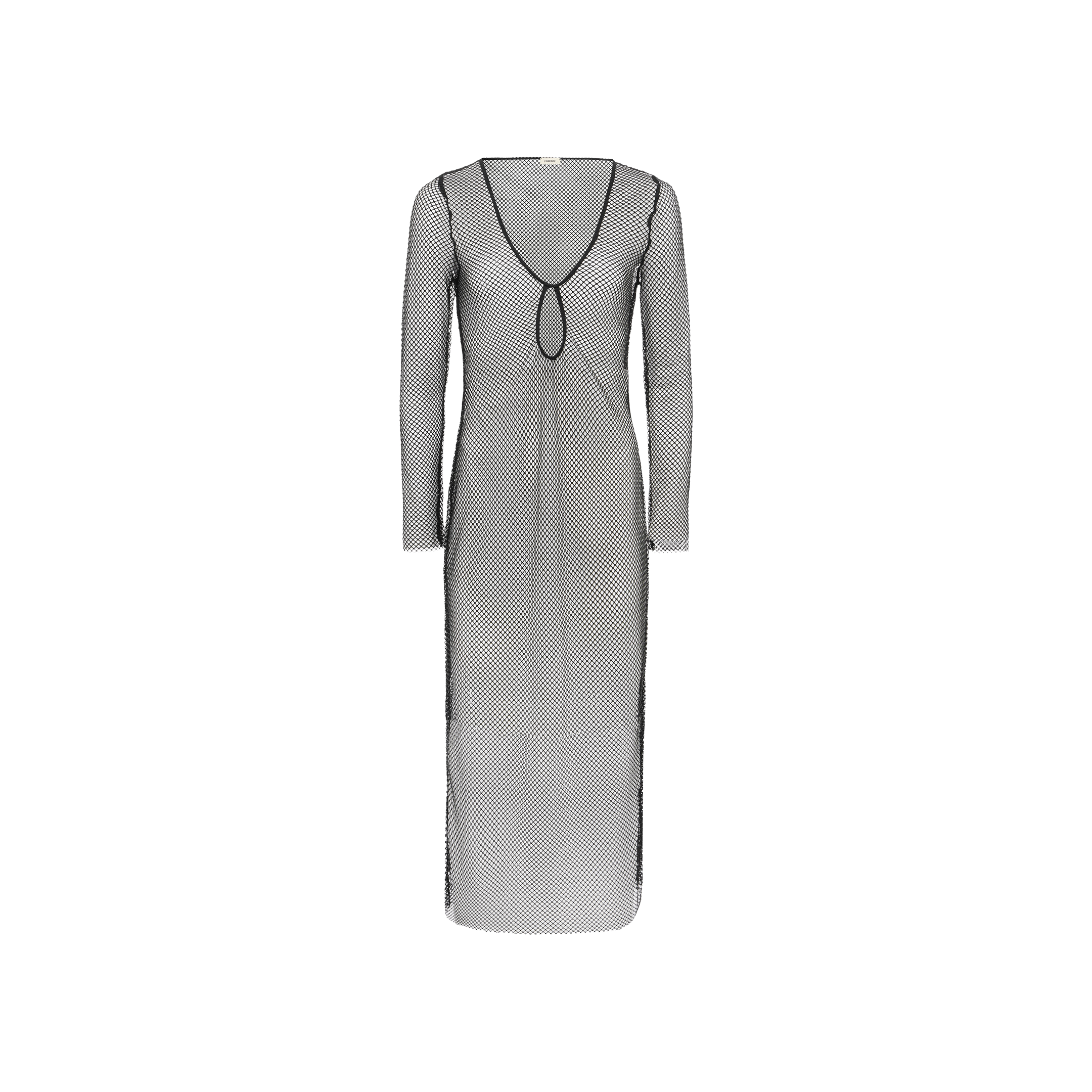 The Sara Mesh Cover-Up Dress is a long-sleeve, floor-length black mesh maxi dress featuring a scoop neckline and a keyhole cutout below the bust, making it the perfect stylish swimsuit cover-up. Displayed on a plain white background.