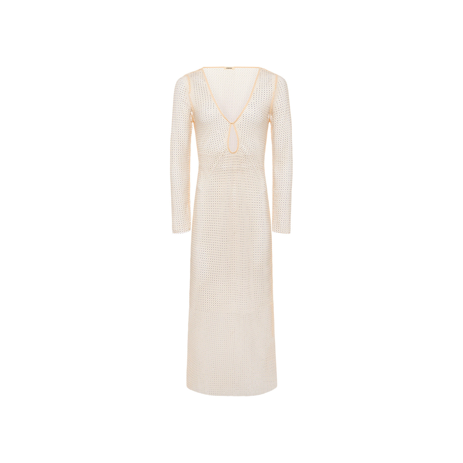 The Sara Mesh Cover-Up Dress features long sleeves, a cream crochet design, a deep V-neckline, and a small keyhole cutout at the chest. Styled as a chic swimsuit cover-up, it is displayed against a plain white background.
