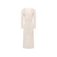 Sara Mesh Cover-Up Dress featuring long sleeves, a cream-colored knit fabric, a deep V-neckline, and a small front keyhole cutout, shown against a plain white background.