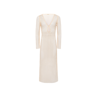 The Sara Mesh Cover-Up Dress features long sleeves, a cream crochet design, a deep V-neckline, and a small keyhole cutout at the chest. Styled as a chic swimsuit cover-up, it is displayed against a plain white background.