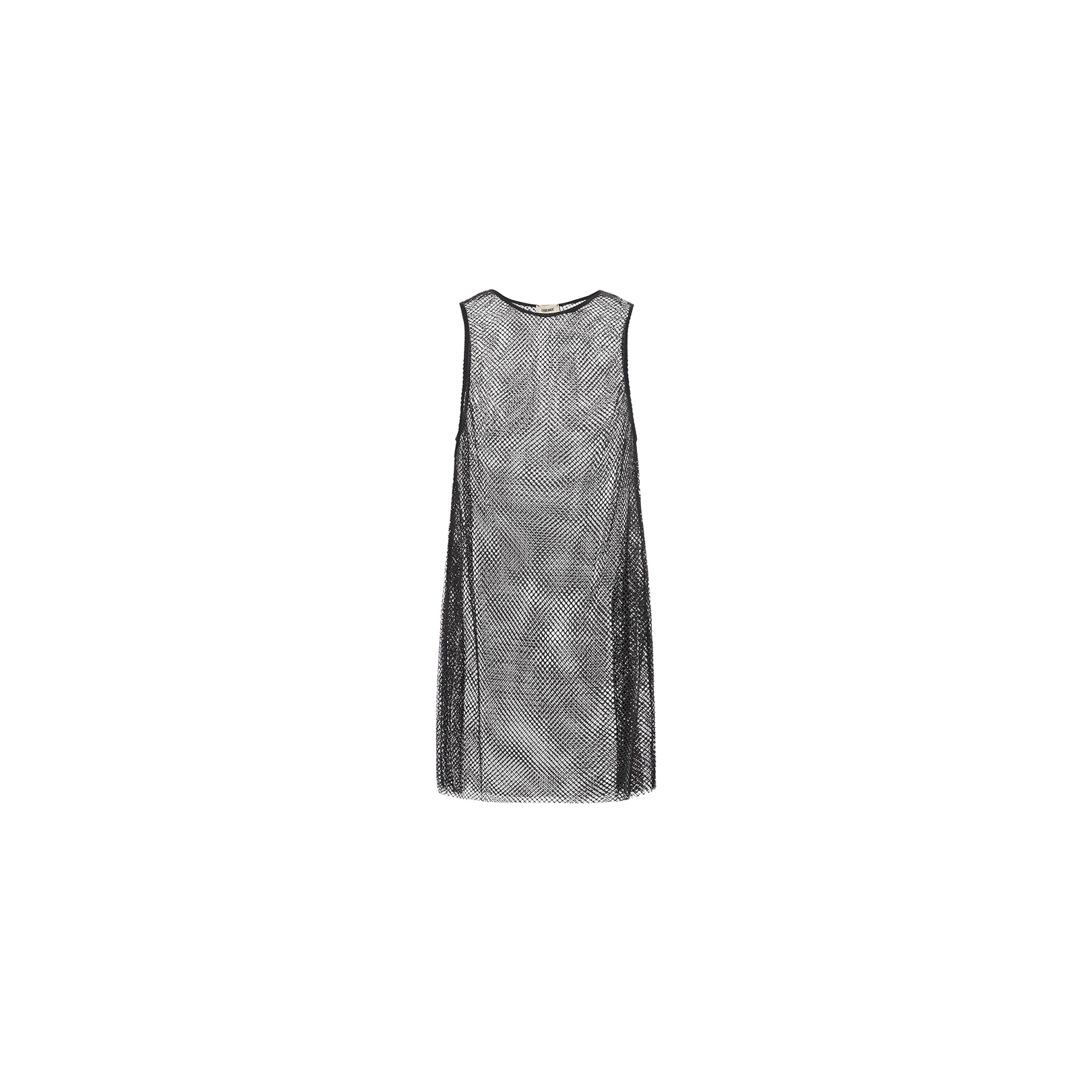 The Angela Mesh Cover-Up Dress is a sleeveless black mesh minidress shown against a plain white background. Featuring a straight cut and a gently rounded neckline, this dress is perfect to wear as a stylish swimsuit cover-up.