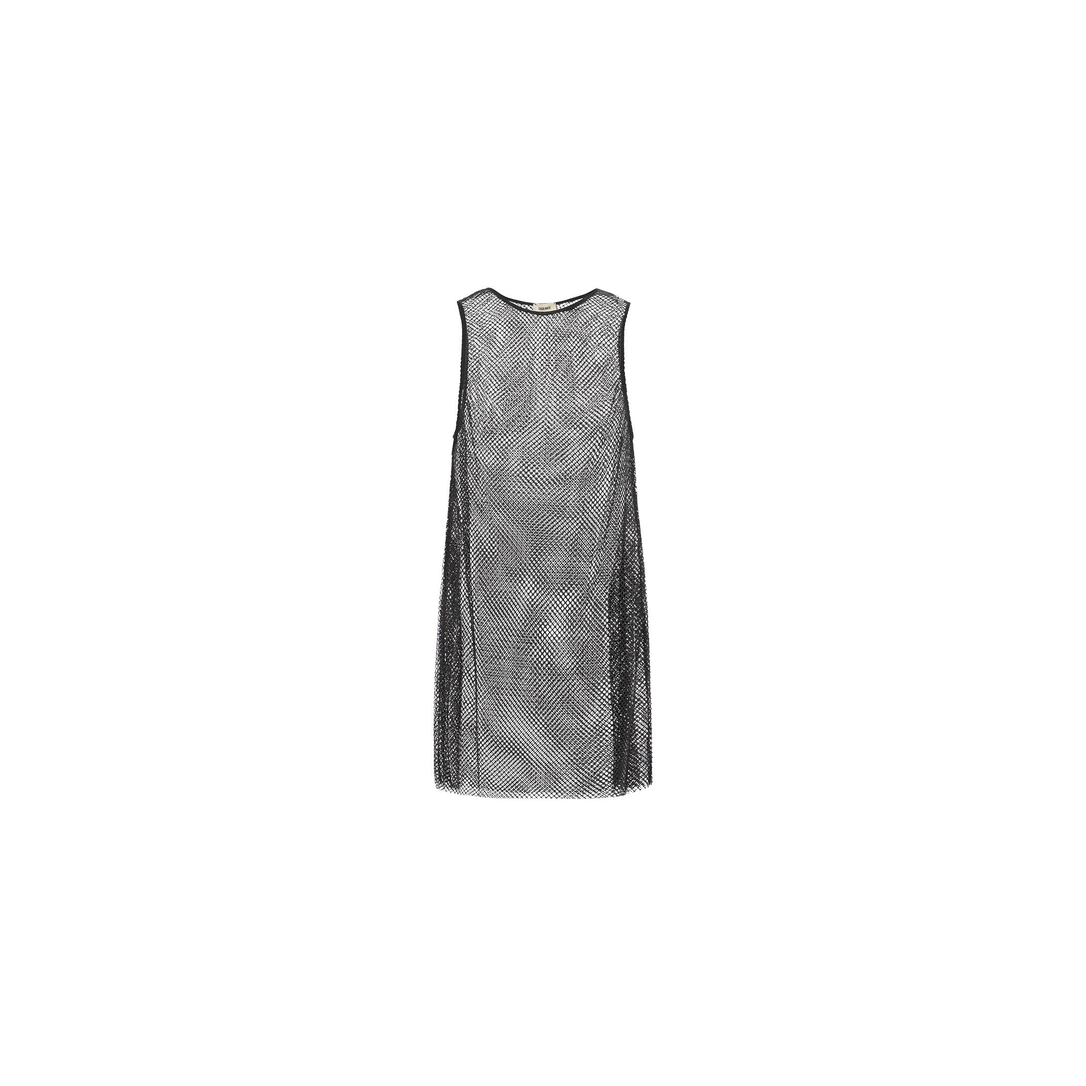 The Angela Mesh Cover-Up Dress is a sleeveless black mesh minidress shown against a plain white background. Featuring a straight cut and a gently rounded neckline, this dress is perfect to wear as a stylish swimsuit cover-up.