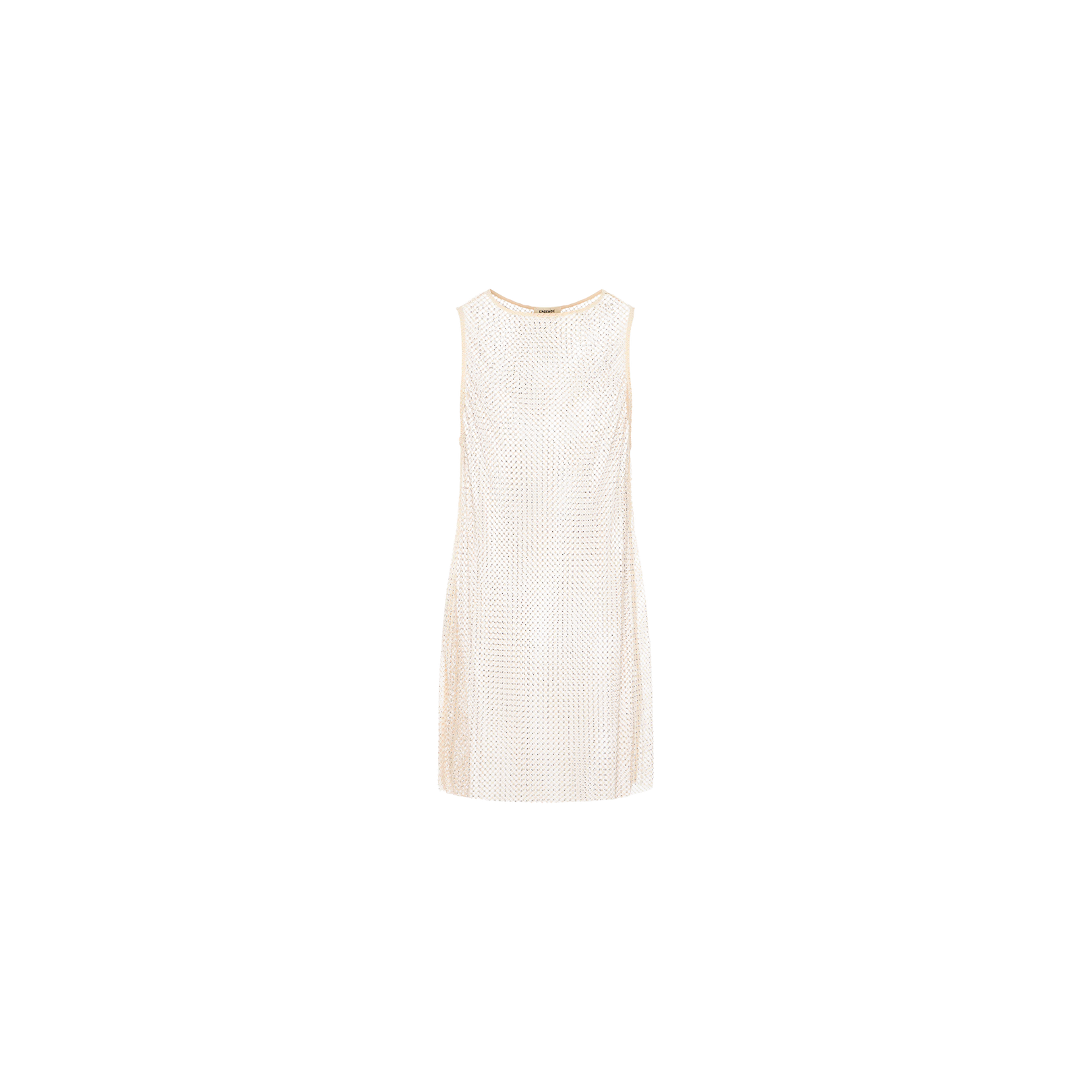 The Angela Mesh Cover-Up Dress is a sleeveless cream-colored dress with a subtle textured dot pattern, shown on a plain white background. This knee-length cover-up features a simple, classic design accented by delicate crystal embellishments.