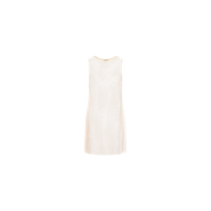 The Angela Mesh Cover-Up Dress is a sleeveless cream-colored dress with a subtle textured dot pattern, shown on a plain white background. This knee-length cover-up features a simple, classic design accented by delicate crystal embellishments.