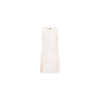Angela Mesh Cover-Up Dress displayed against a plain white background. This sleeveless, knee-length cream dress features a subtle textured pattern and a straight, simple silhouette, accented with delicate crystal embellishments for an added touch of understated elegance.