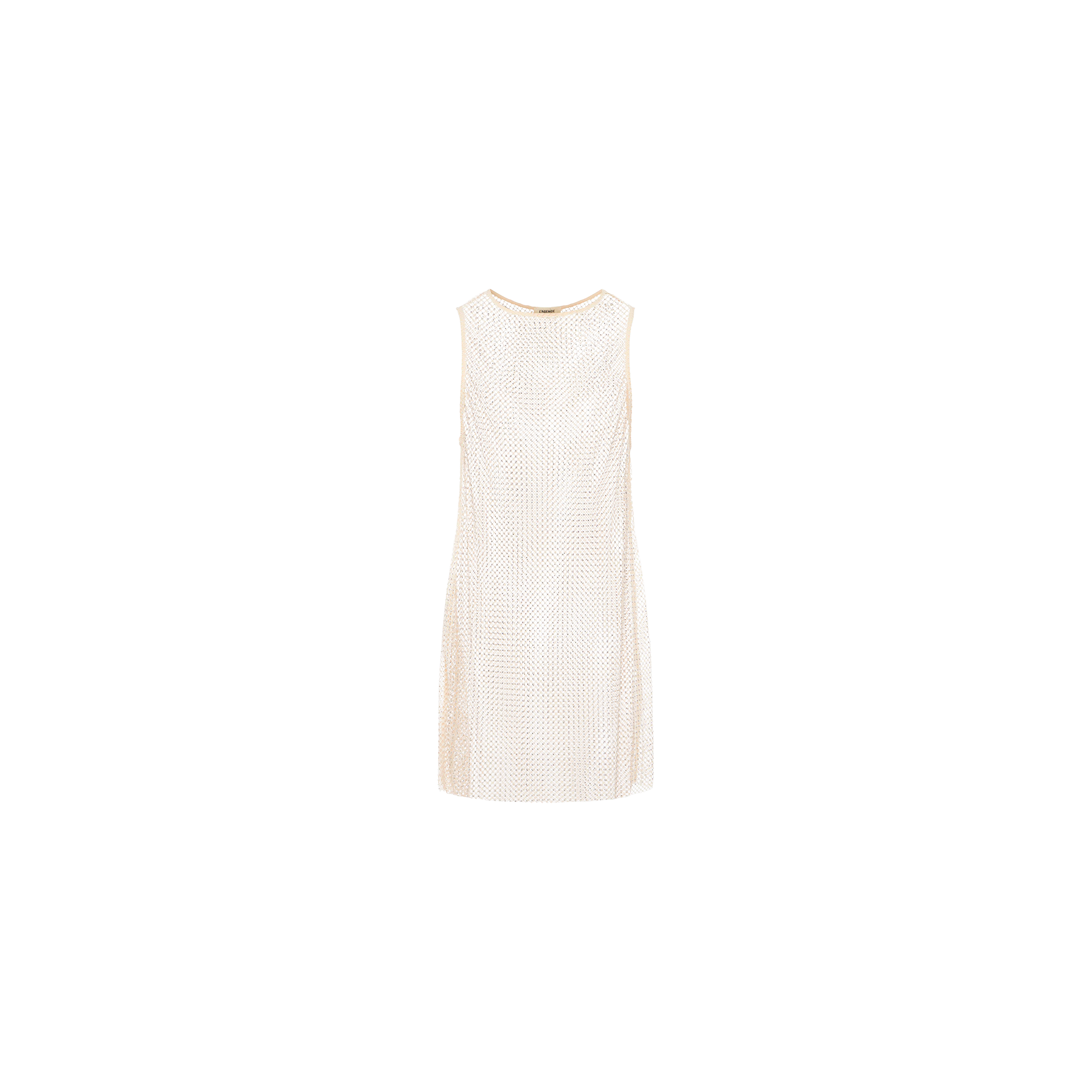 The Angela Mesh Cover-Up Dress is a sleeveless cream-colored dress with a subtle textured dot pattern, shown on a plain white background. This knee-length cover-up features a simple, classic design accented by delicate crystal embellishments.