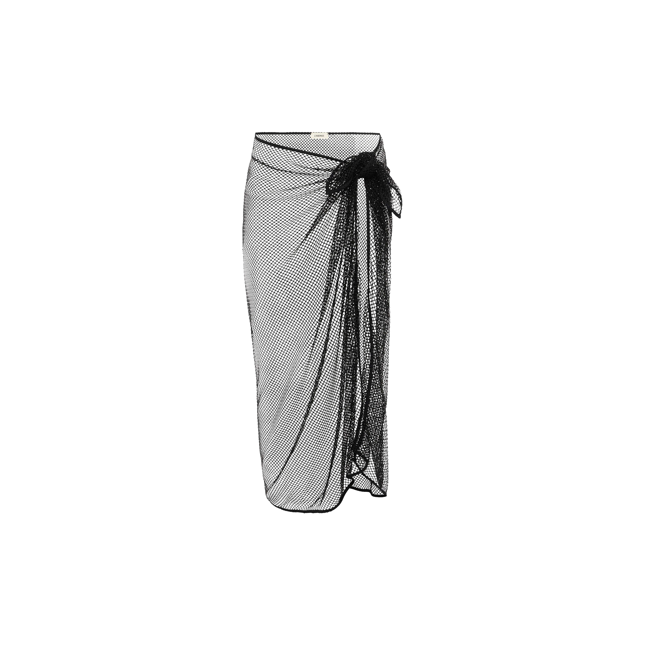 Maribel Mesh Pareo in black, featuring a sheer, knee-length design with a tied knot at the waist, displayed on a plain white background. This lightweight and airy skirt is perfect as a swimsuit cover-up.