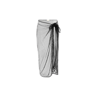 Maribel Mesh Pareo in black, featuring a sheer, knee-length design with a tied knot at the waist, displayed on a plain white background. This lightweight and airy skirt is perfect as a swimsuit cover-up.