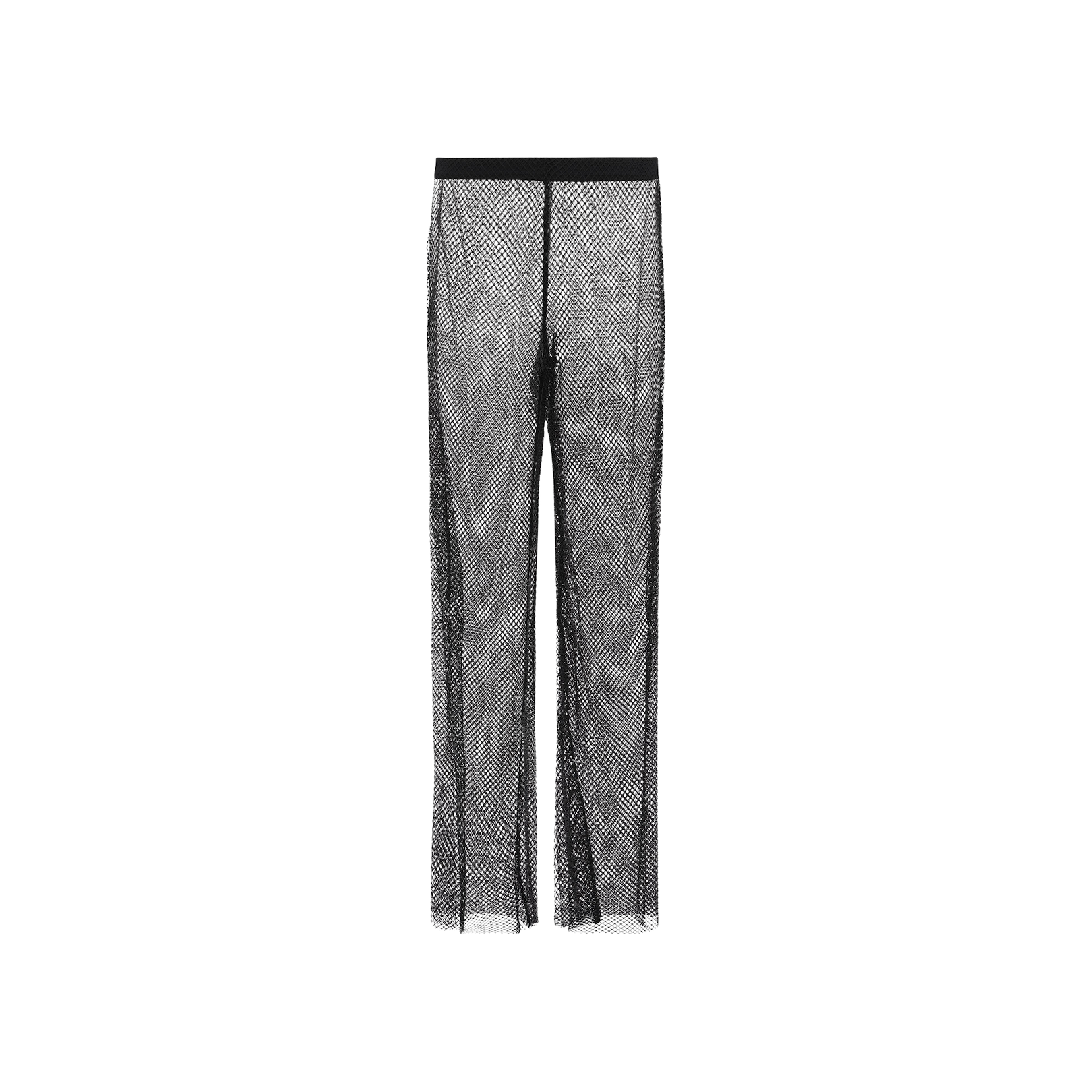 The Noemi Mesh Cover-Up Pant features a sheer black mesh design with a straight-leg cut, a high elastic waistband, and an all-over netted pattern for a sexy pull-on look. Shown on a plain white background.