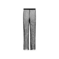 The Noemi Mesh Cover-Up Pant features a sheer black mesh design with a straight-leg cut, a high elastic waistband, and an all-over netted pattern for a sexy pull-on look. Shown on a plain white background.