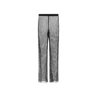 The Noemi Mesh Cover-Up Pant features sheer black mesh fabric, a straight-leg fit, and an elastic waistband—displayed on a plain white background, it’s perfect for elevating your look with the chic allure of classic black mesh pants.