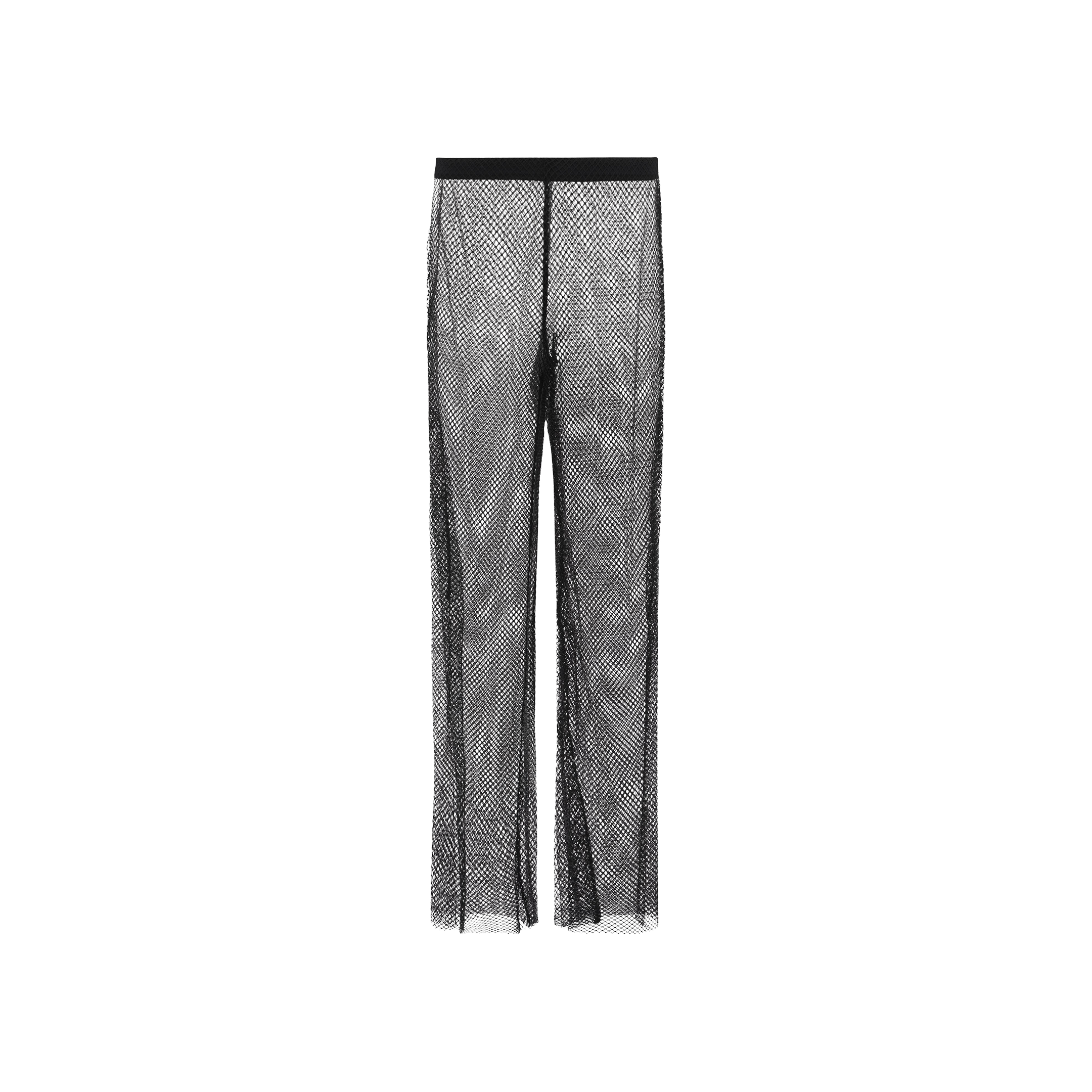 The Noemi Mesh Cover-Up Pant features a sheer black mesh design with a straight-leg cut, a high elastic waistband, and an all-over netted pattern for a sexy pull-on look. Shown on a plain white background.
