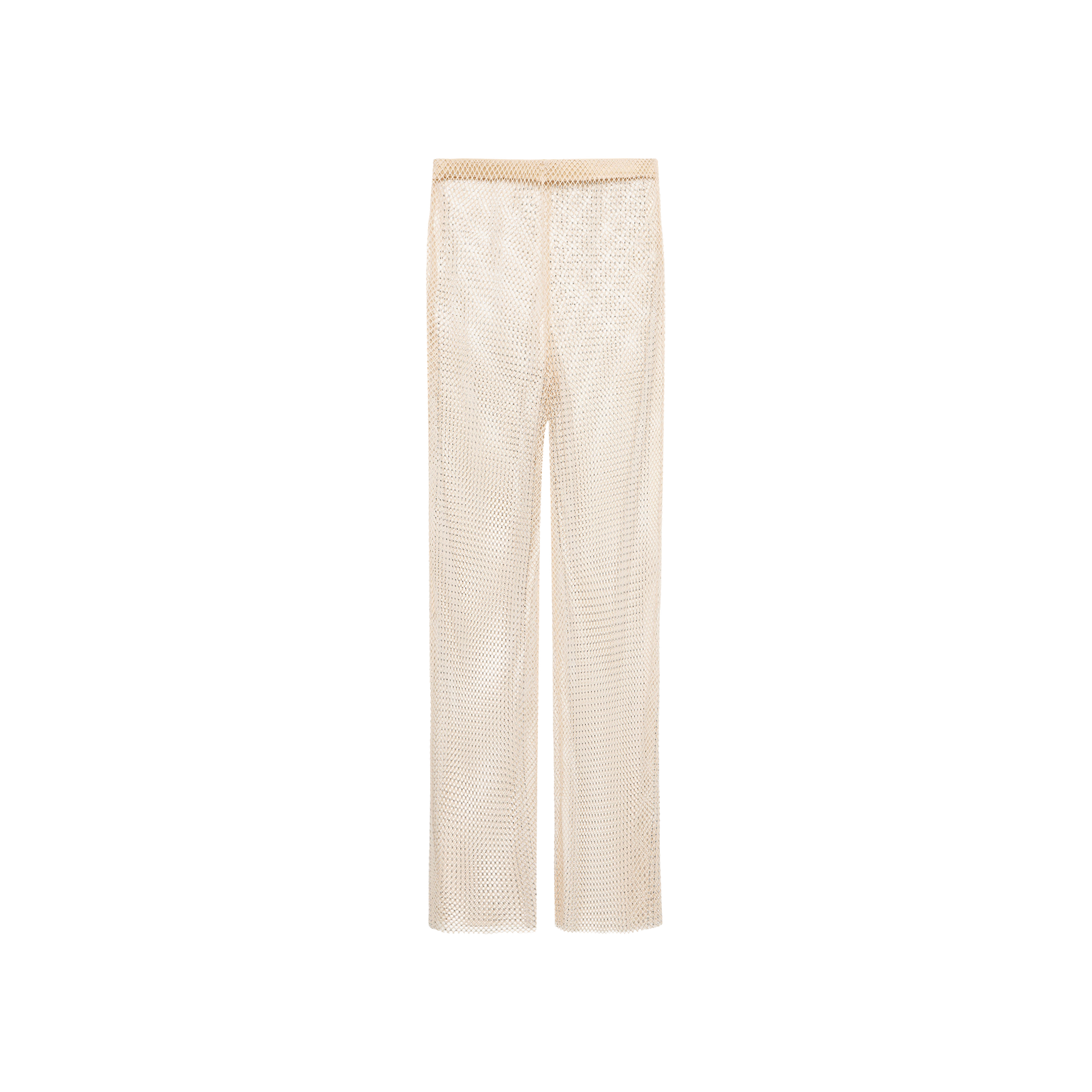 Noemi Mesh Cover-Up Pant in champagne, featuring a semi-sheer finish and a straight-leg cut, displayed against a plain white background.