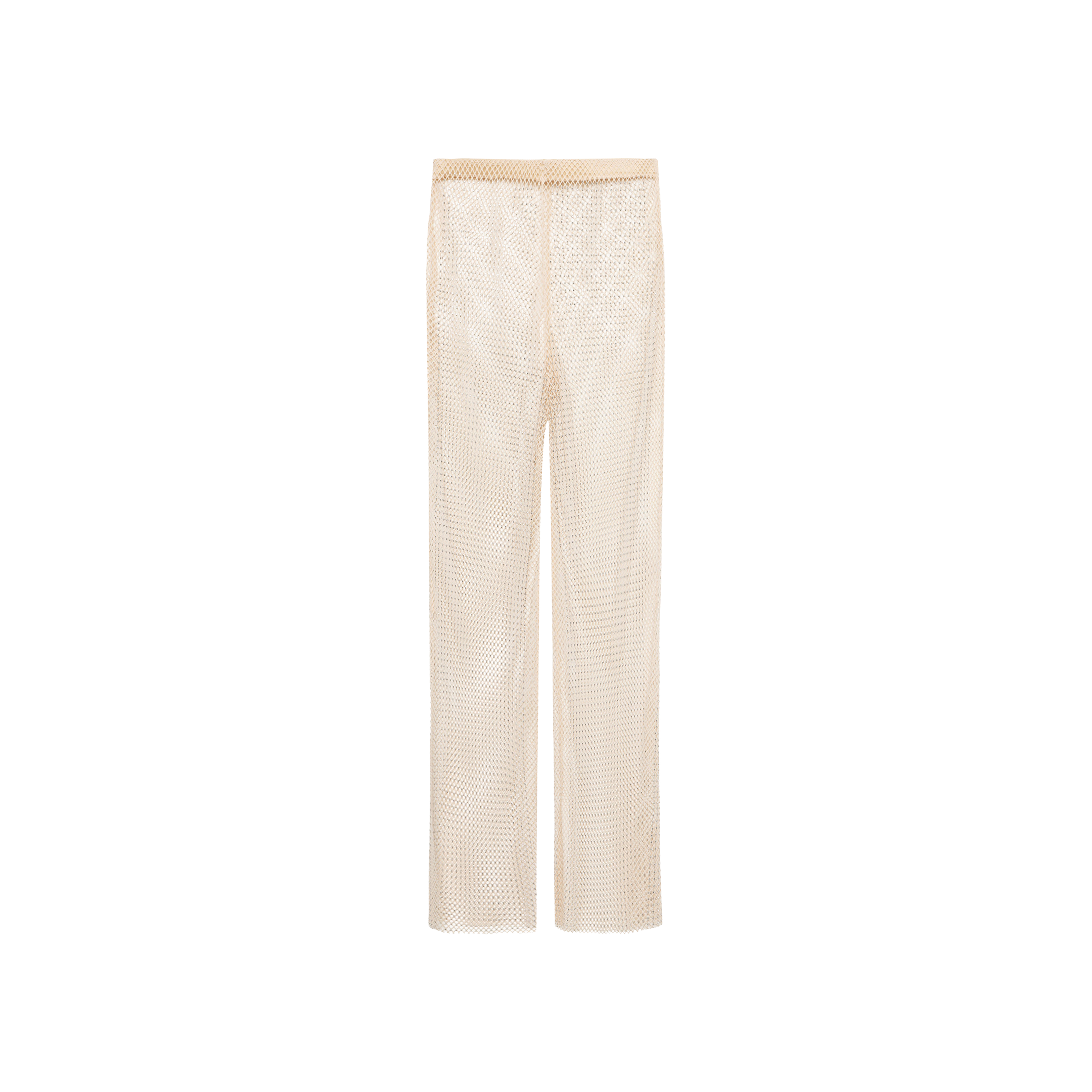 Noemi Mesh Cover-Up Pant in champagne, featuring a semi-sheer finish and a straight-leg cut, displayed against a plain white background.