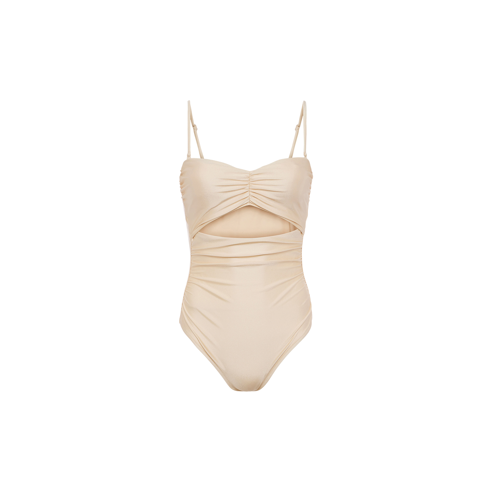 The Lily Cut-Out One-Piece Swimsuit in beige features thin adjustable straps, a ruched bodice, and a cutout detail below the chest. Designed with a smooth, fitted silhouette and displayed against a plain white background.