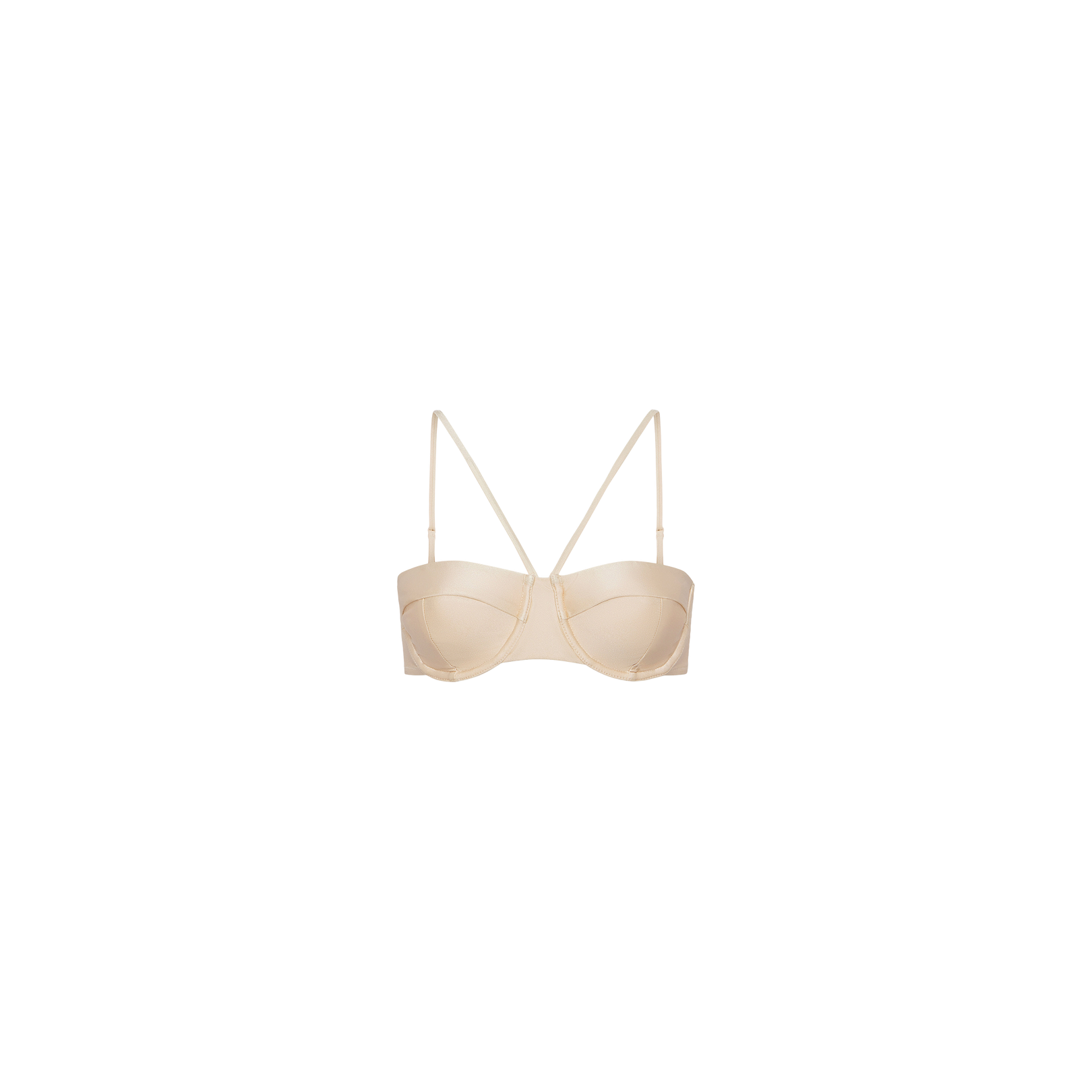 The Alexandria Bikini Top features a minimalist design in beige, with underwire support, structured cups, and thin adjustable straps, displayed against a plain white background.