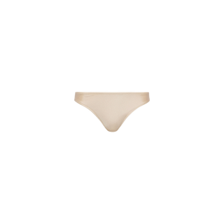 Nicole Bikini Bottom, crafted from four-way stretch nylon in beige, displayed against a plain white background—a true summer essential.