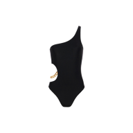 Ava Chain One-Piece Swimsuit in black, featuring a curve-enhancing side cutout and bold gold chain detail, displayed against a plain white background.
