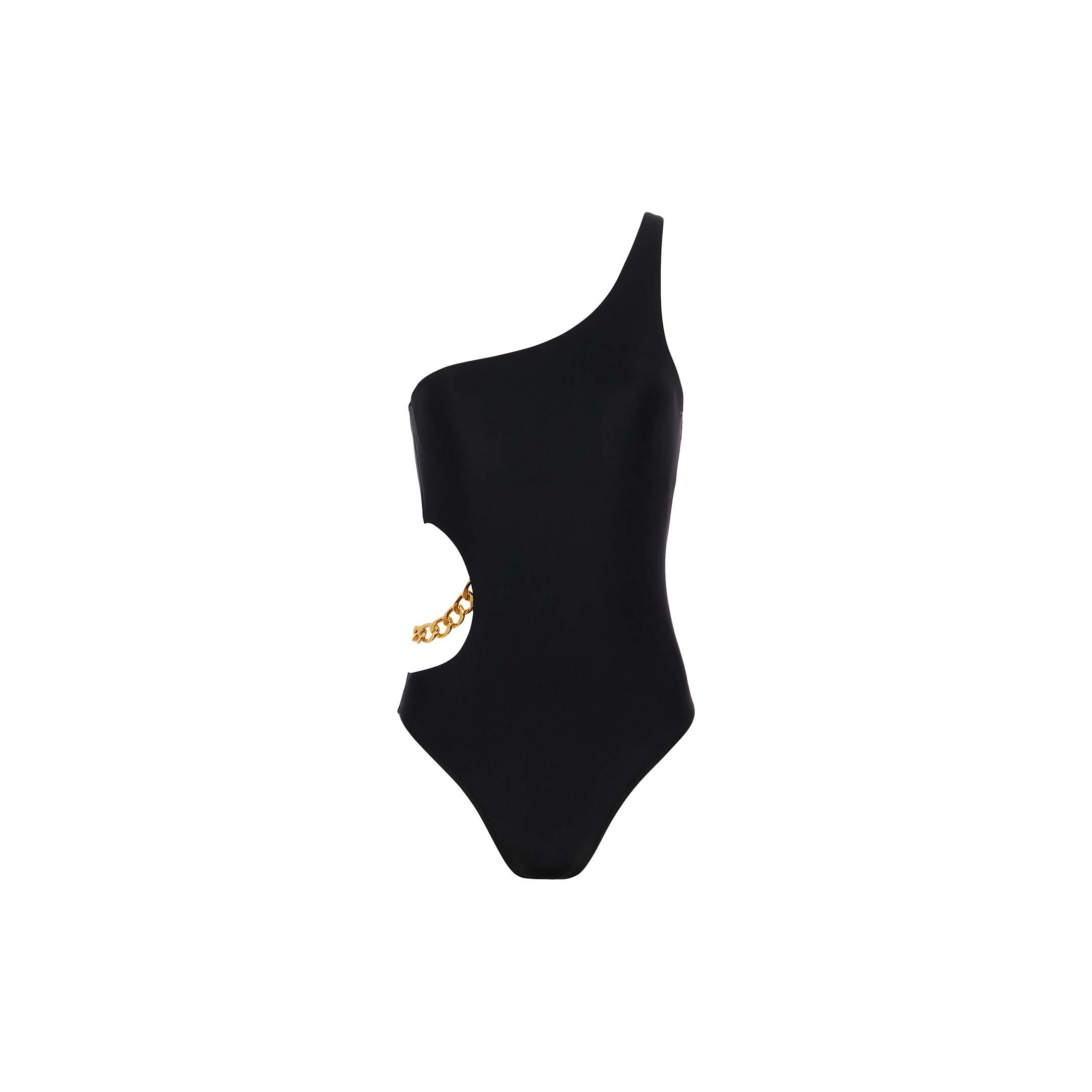 Ava Chain One-Piece Swimsuit in black, featuring a curve-enhancing side cutout and bold gold chain detail, displayed against a plain white background.