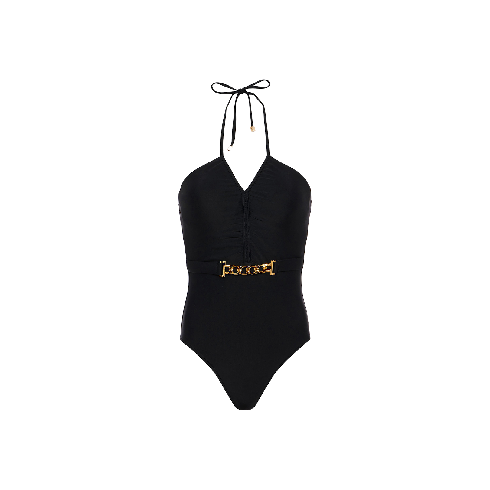 The Leila Halter One-Piece Swimsuit, featuring a black adjustable halter neckline, ruched front detailing, and a gold chain belt accent at the waist, is displayed against a plain white background.