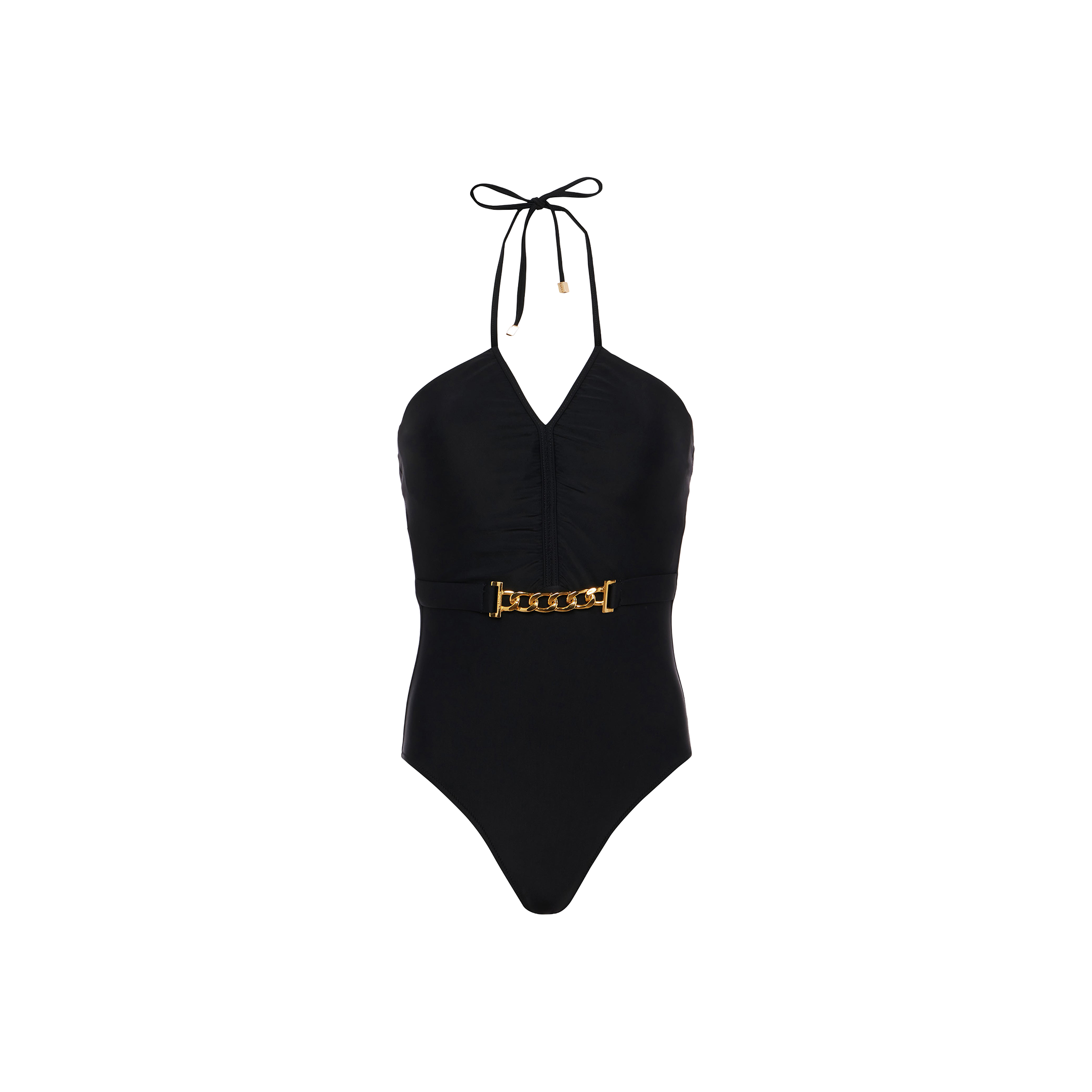 The Leila Halter One-Piece Swimsuit, featuring a black adjustable halter neckline, ruched front detailing, and a gold chain belt accent at the waist, is displayed against a plain white background.