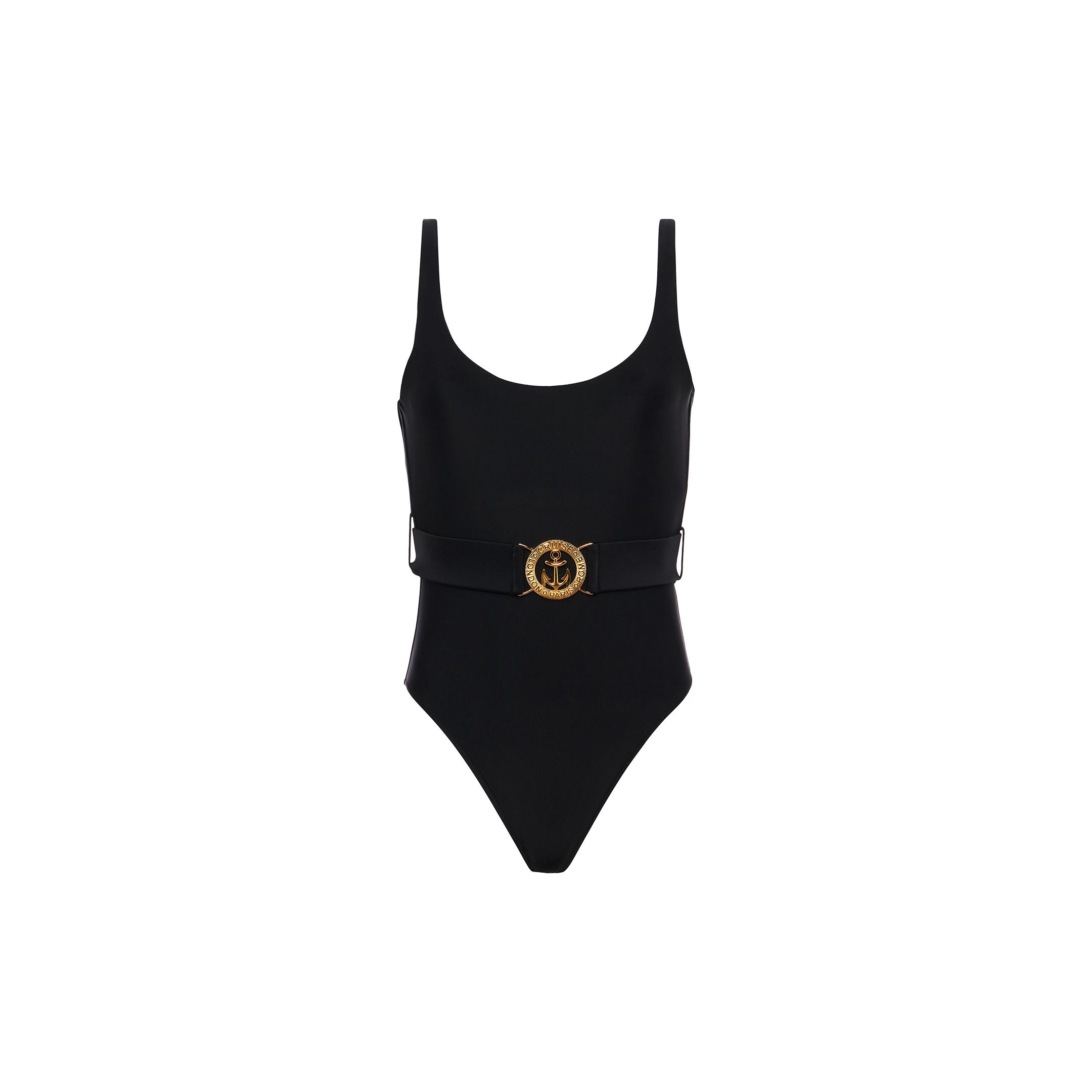 The Mila Belted One-Piece Swimsuit is a black one-piece featuring a scoop neckline and thick straps. It is accented with a wide belt at the waist, adorned with a large gold decorative buckle showcasing an anchor emblem. This retro maillot is displayed against a plain white background.