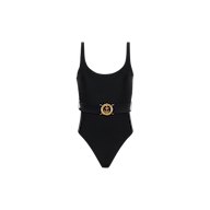 The Mila Belted One-Piece Swimsuit is a black one-piece featuring a scoop neckline and thick straps. It is accented with a wide belt at the waist, adorned with a large gold decorative buckle showcasing an anchor emblem. This retro maillot is displayed against a plain white background.