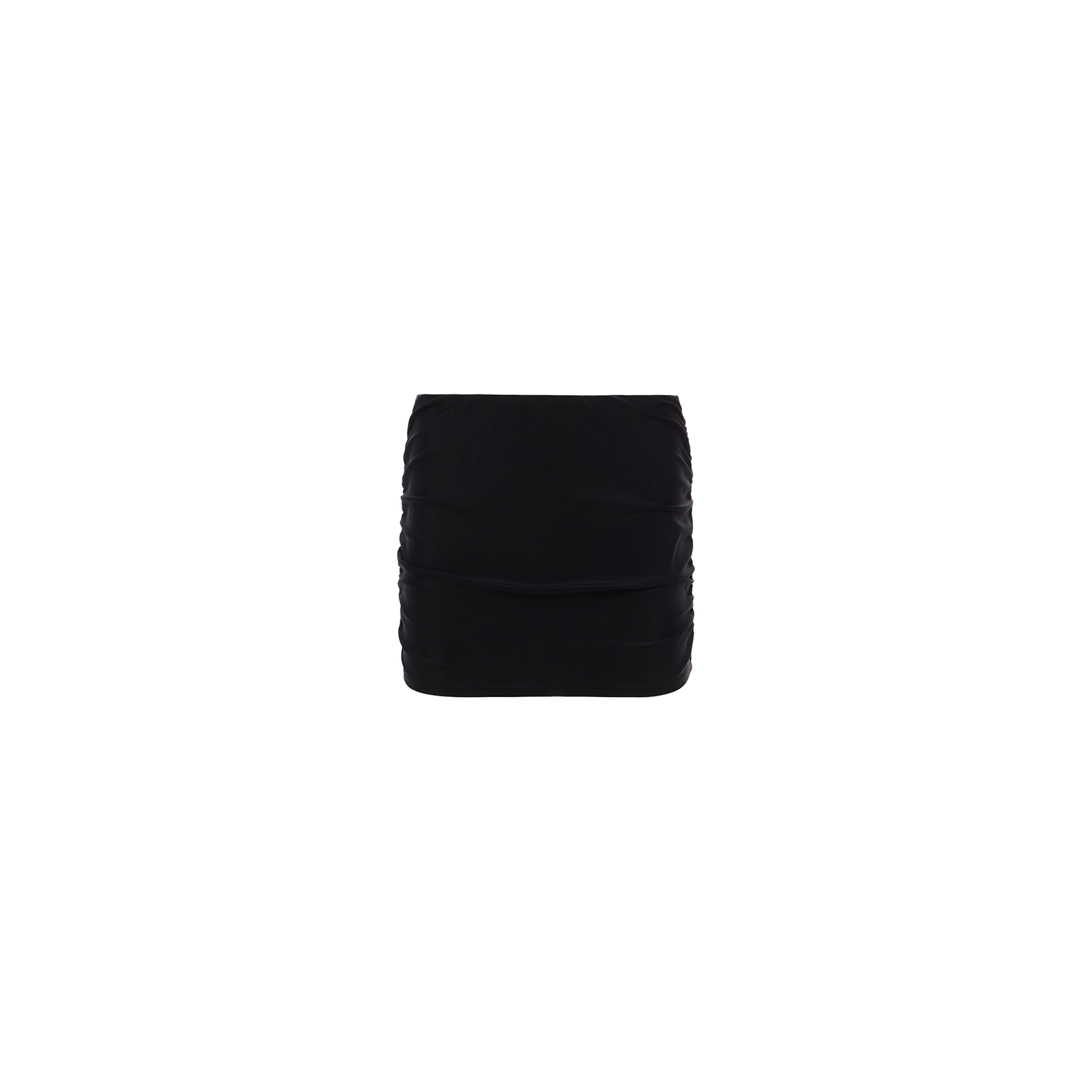 Introducing the Coco Mini Skirt Cover-Up—a plain black mini skirt featuring subtle gathered detailing on the sides, designed as a stylish swim skirt and perfect for use as a beach cover-up, displayed against a white background.