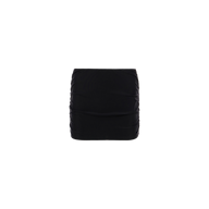 The Coco Mini Skirt Cover-Up, a black, form-fitting ruched mini skirt, is displayed against a plain white background—making it perfect as a stylish swim skirt or beach cover-up.