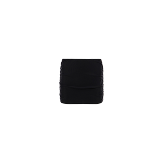 Introducing the Coco Mini Skirt Cover-Up—a plain black mini skirt featuring subtle gathered detailing on the sides, designed as a stylish swim skirt and perfect for use as a beach cover-up, displayed against a white background.