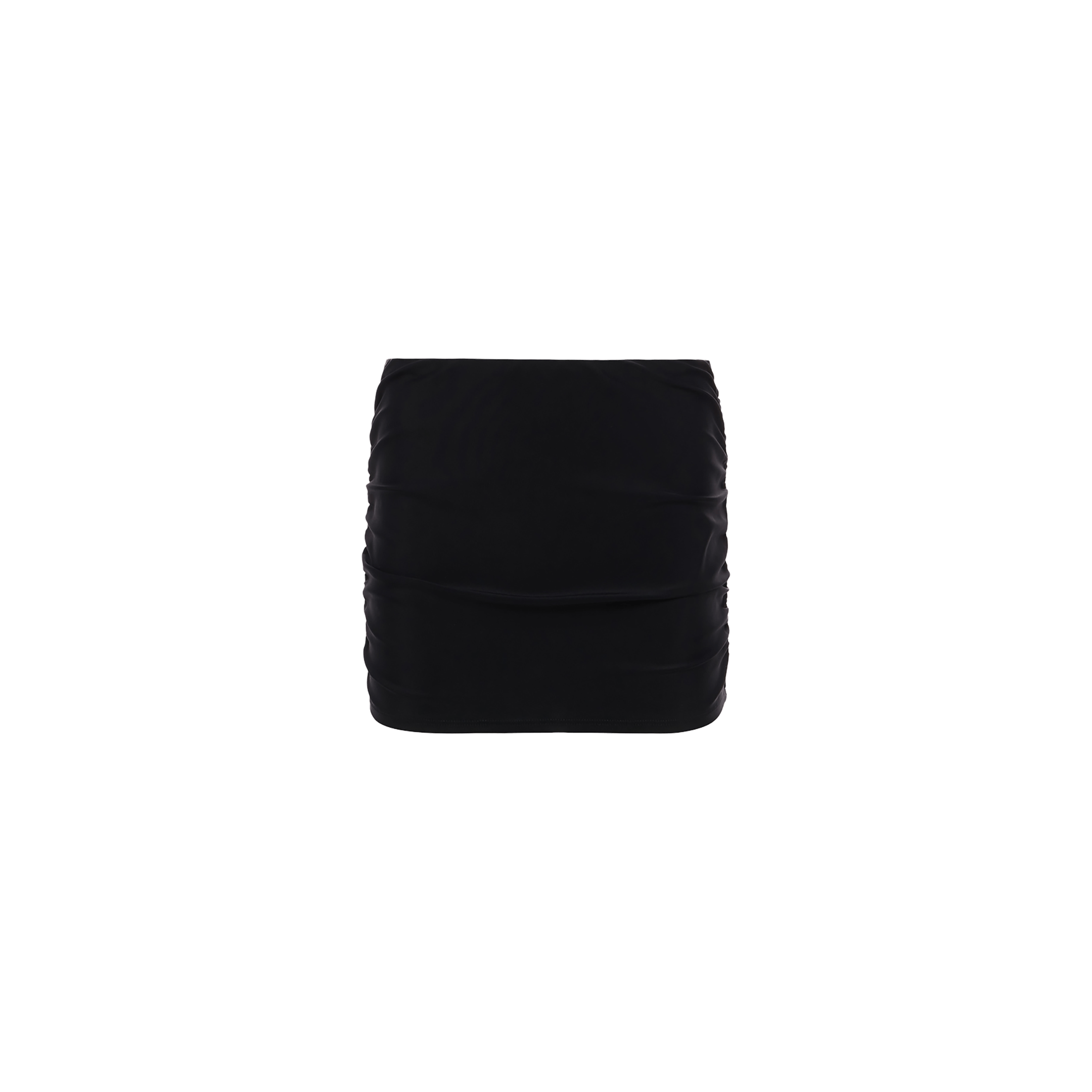 The Coco Mini Skirt Cover-Up, a black, form-fitting ruched mini skirt, is displayed against a plain white background—making it perfect as a stylish swim skirt or beach cover-up.