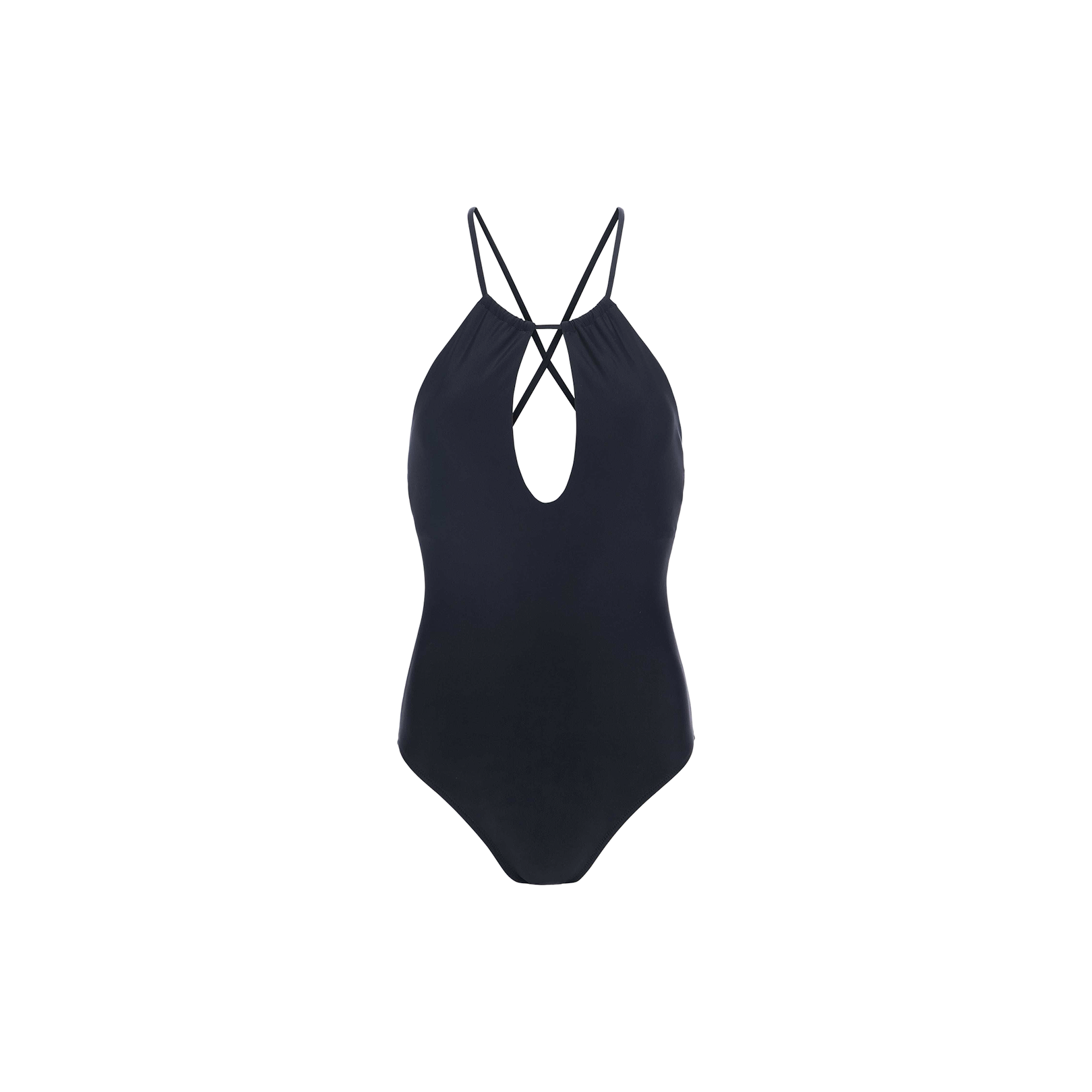 The Belle Keyhole One-Piece is a black swimsuit with a plunging keyhole detail, deep V neckline, and thin crisscross straps at the back, shown against a plain white background.